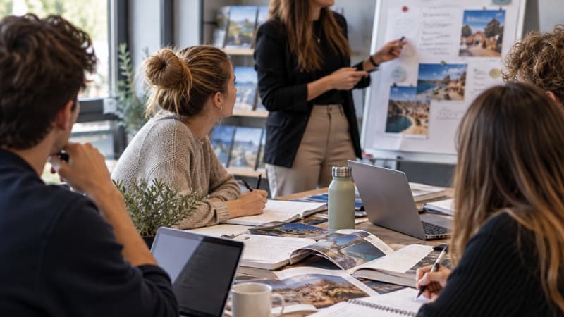 Junge Menschen bei einer Schulung im Reisebüro. Bild KI-generiert
