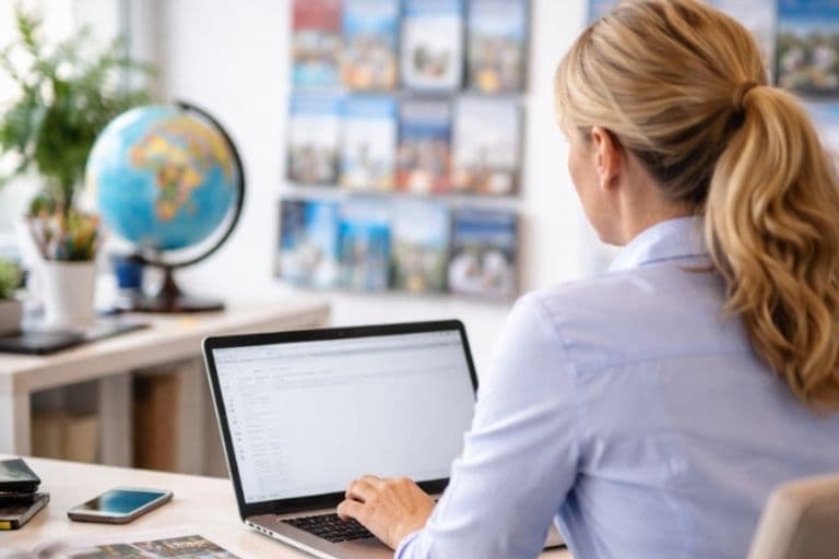 KI generiertes Bild einer Reiseverkäuferin bei der Arbeit in einem Reisebüro