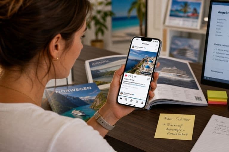 KI generiertes Bild einer Mitarbeiterin im Reisebüro